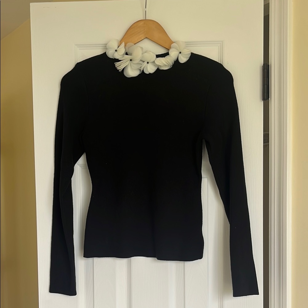Black Fitted Sweater with Flower Embellishments